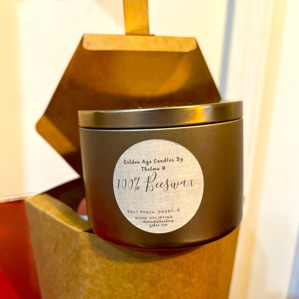 Golden Age Candle, made from 100% Beeswax, Orange, Mango w/ soft musk.Tin Candle